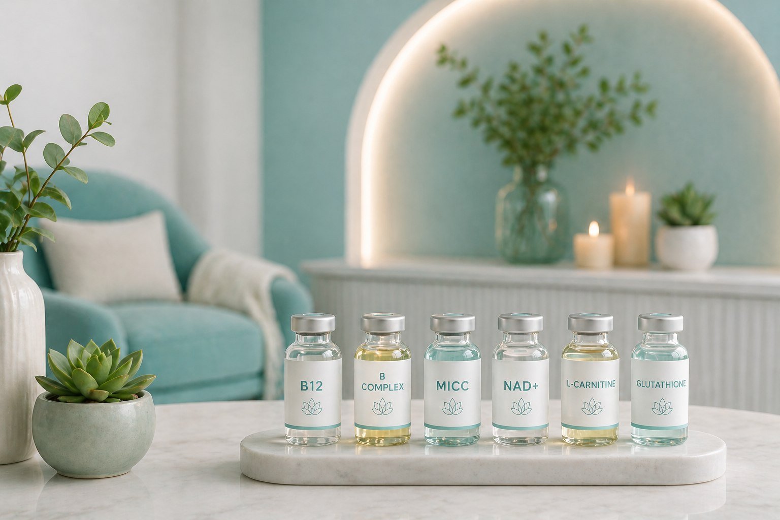Labeled vitamin and nutrient vials including B12, NAD+, and glutathione