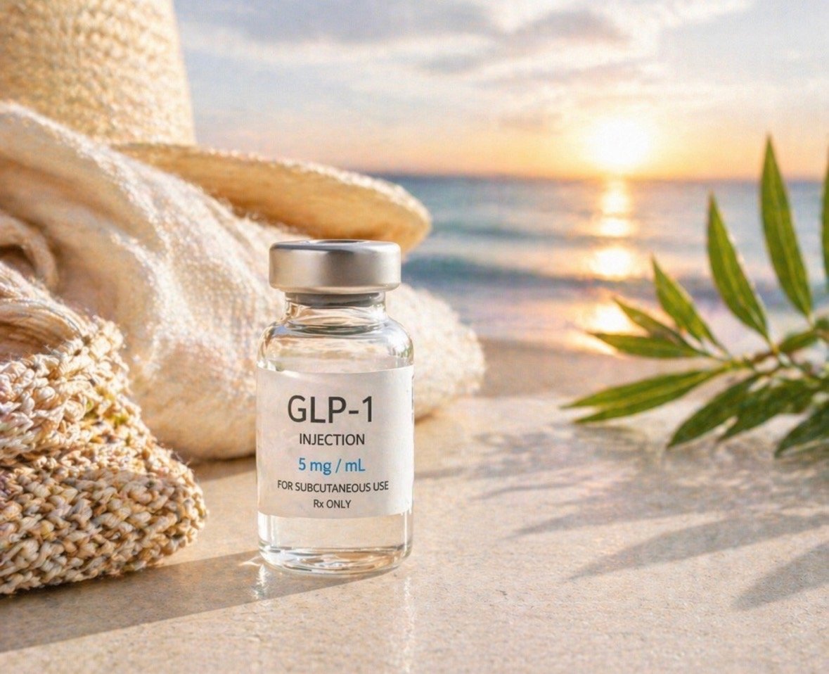 GLP-1 wellness vial on the sand at sunset