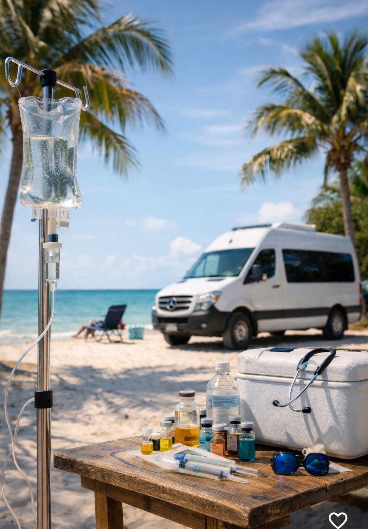 Mobile IV therapy set up on a Southwest Florida beach beside a Liquid Love van