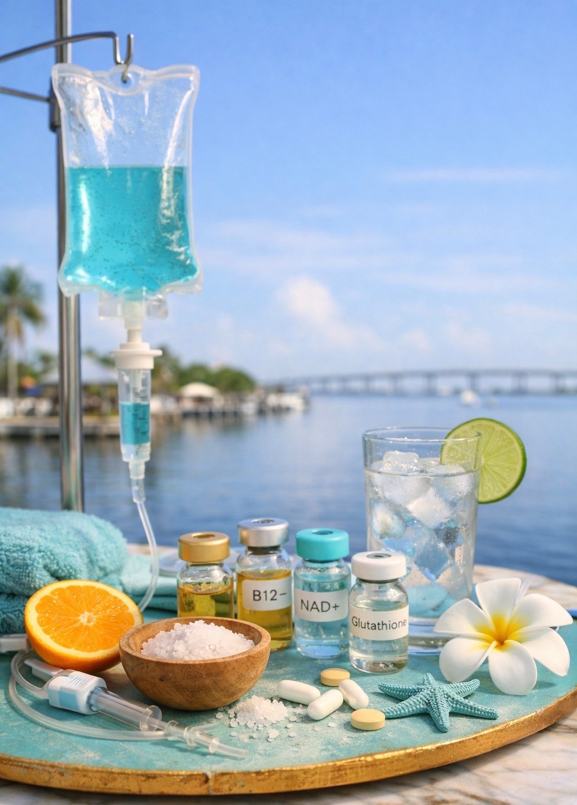 IV hydration bag on a tray overlooking a Southwest Florida waterway